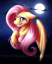 Size: 2500x3100 | Tagged: safe, artist:klarapl, fluttershy, pegasus, pony, g4, bust, chest fluff, cute, fangs, female, floppy ears, full moon, high res, looking at you, moon, night, one eye closed, portrait, raised hoof, shyabetes, simple background, smiling, solo, wingding eyes, wings, wink