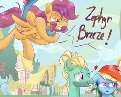 Size: 2500x2000 | Tagged: safe, artist:redheadfly, rainbow dash, scootaloo, zephyr breeze, pegasus, pony, flutter brutter, g4, female, heart, high res, male, mare, scooter, stallion, this will end in pain