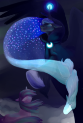 Size: 2100x3100 | Tagged: safe, artist:cicirose97, princess luna, snowfall frost, spirit of hearth's warming yet to come, starlight glimmer, g4, cloak, clothes, high res, magic