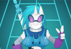 Size: 884x610 | Tagged: safe, artist:traupa, dj pon-3, vinyl scratch, anthro, g4, female, solo, sword, weapon