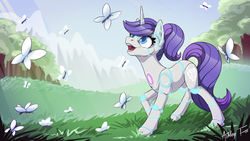 Size: 1024x576 | Tagged: safe, artist:arctic-fox, oc, oc only, oc:raribot, butterfly, pony, robot, robot pony, unicorn, cute, cutie mark, female, grass, hooves, horn, mare, meadow, open mouth, raribot, solo, teeth, tree