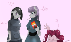 Size: 848x504 | Tagged: safe, artist:traupa, marble pie, maud pie, pinkie pie, earth pony, anthro, g4, breasts, busty marble pie, busty maud pie, female, food, pocky