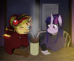 Size: 746x614 | Tagged: safe, artist:traupa, sunset shimmer, twilight sparkle, unicorn, anthro, g4