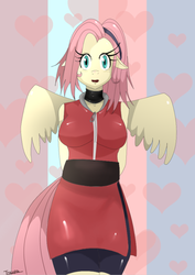 Size: 612x864 | Tagged: safe, artist:traupa, fluttershy, anthro, g4, clothes, cosplay, costume, crossover, female, floppy ears, haruno sakura, naruto, solo