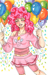 Size: 817x1277 | Tagged: safe, artist:fir3h34rt, pinkie pie, human, g4, balloon, belly button, clothes, eyes closed, female, humanized, midriff, off shoulder, shorts, skirt, solo, tank top, traditional art