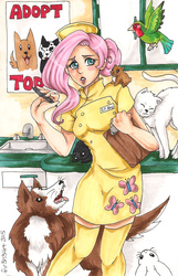 Size: 1088x1693 | Tagged: safe, artist:fir3h34rt, fluttershy, bird, cat, dog, human, rabbit, g4, clipboard, clothes, female, humanized, nurse, poster, socks, solo, thigh highs, traditional art, uniform