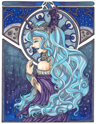 Size: 2550x3293 | Tagged: safe, artist:fir3h34rt, princess luna, human, g4, clothes, eyes closed, female, high res, horn, horned humanization, humanized, modern art, nouveau, off shoulder, s1 luna, solo, traditional art