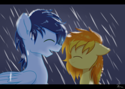 Size: 1024x728 | Tagged: safe, artist:yaco, soarin', spitfire, pony, g4, cute, duo, eyes closed, female, male, rain, ship:soarinfire, shipping, straight