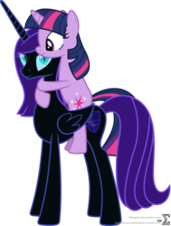 Size: 5690x7530 | Tagged: safe, artist:90sigma, twilight sparkle, oc, oc:nyx, alicorn, pony, g4, absurd resolution, alicorn oc, cute, duo, hug, mother and daughter, older, ponies riding ponies, riding, simple background, smiling, transparent background, twilight riding nyx, vector
