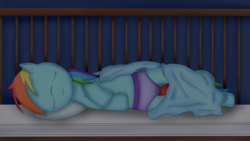 Size: 3840x2160 | Tagged: safe, artist:leadpie, derpibooru exclusive, rainbow dash, g4, crib, diaper, female, high res, non-baby in diaper, pullup (diaper), sleeping, solo