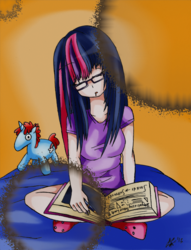 Size: 2513x3281 | Tagged: safe, artist:manhunterj, twilight sparkle, human, g4, book, female, glasses, homework, humanized, nail polish, reading, solo, studying, tired