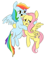 Size: 1237x1603 | Tagged: safe, artist:comikazia, fluttershy, rainbow dash, pony, g4, crying, duo, female, lesbian, protecting, ship:flutterdash, shipping