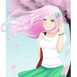 Size: 1097x1107 | Tagged: safe, artist:maria-fly, fluttershy, human, g4, blushing, clothes, female, humanized, shirt, skirt, solo