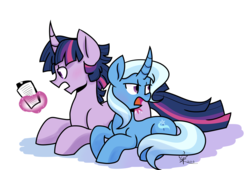 Size: 3000x2035 | Tagged: safe, artist:yaco, trixie, twilight sparkle, g4, curved horn, dusk shine, female, half r63 shipping, high res, horn, male, rule 63, ship:trixshine, ship:twixie, shipping, straight
