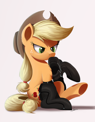 Size: 1092x1400 | Tagged: safe, artist:ncmares, applejack, earth pony, pony, g4, angry, boots, chest fluff, clothes, female, fireproof boots, freckles, hat, mare, mouth hold, simple background, sitting, socks, solo, stockings, thigh highs, underhoof, zipper