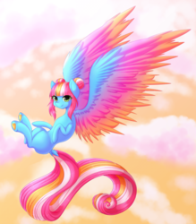 Size: 2000x2280 | Tagged: safe, artist:fluffymaiden, oc, oc only, oc:raspberry sherbet, pegasus, pony, cloud, colored wings, colored wingtips, flying, high res, solo, spread wings
