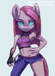 Size: 500x700 | Tagged: dead source, safe, artist:grissaecrim, pinkie pie, earth pony, anthro, g4, armpits, belly button, breasts, clothes, delicious flat chest, female, jeans, midriff, pants, pinkamena diane pie, solo, tattoo