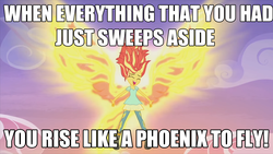 Size: 1366x768 | Tagged: safe, screencap, sunset shimmer, phoenix, equestria girls, g4, my past is not today, breaking point (band), caption, meme, song reference, sunset phoenix