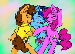 Size: 1280x931 | Tagged: safe, artist:jeymohr, cheese sandwich, party favor, pinkie pie, earth pony, pony, unicorn, g4, bipedal, blushing, dancing, eyes closed, party trio, smiling