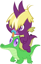 Size: 786x1217 | Tagged: safe, artist:red4567, gummy, spear (g4), dragon, g4, baby, baby dragon, cute, dragons riding gators, pacifier, riding, spear riding gummy, younger