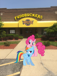 Size: 2448x3264 | Tagged: safe, pinkie pie, rainbow dash, g4, exterior, fuddruckers, high res, hoof on head, illinois, implied ponies eating meat, irl, mane patting, photo, ponies in real life, restaurant, schaumburg, storefront