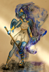 Size: 1342x1960 | Tagged: safe, artist:wihgtowl, princess luna, human, g4, clothes, female, horn, horned humanization, humanized, pony coloring, solo, staff, traditional art, winged humanization