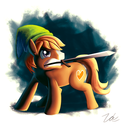Size: 1275x1275 | Tagged: safe, artist:zelc-face, quarter hearts, pony, flutter brutter, g4, glare, gritted teeth, hat, link, mouth hold, ponified, signature, solo, sword, the legend of zelda, weapon