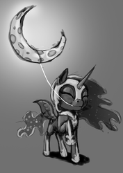 Size: 636x900 | Tagged: safe, artist:wwredgrave, nightmare moon, g4, chibi, eyes closed, female, grayscale, monochrome, moon, mouth hold, rope, solo, tangible heavenly object