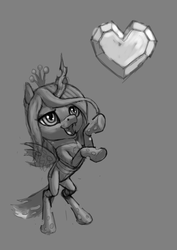 Size: 495x700 | Tagged: safe, artist:wwredgrave, queen chrysalis, changeling, changeling queen, g4, chibi, crystal heart, cute, cutealis, female, gray background, grayscale, looking up, monochrome, rearing, simple background, solo