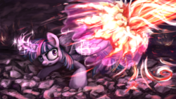 Size: 5600x3150 | Tagged: safe, artist:inowiseei, twilight sparkle, alicorn, pony, g4, absurd resolution, barrier, beam, female, fight, fire, magic, mare, offscreen character, shield, solo, twilight sparkle (alicorn)