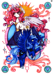 Size: 706x1000 | Tagged: safe, artist:php174, princess celestia, princess luna, g4, cewestia, cute, filly, grin, moon, pink-mane celestia, royal sisters, smiling, sun, traditional art, woona