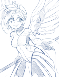 Size: 1280x1656 | Tagged: safe, artist:ambris, fluttershy, pegasus, anthro, g4, crossover, female, mercy, mercyshy, monochrome, overwatch, smiling, solo