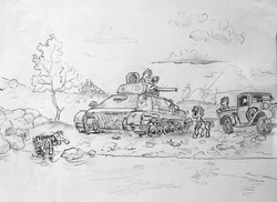 Size: 1024x747 | Tagged: safe, artist:agm, earth pony, pony, car, monochrome, pickup truck, tank (vehicle), traditional art