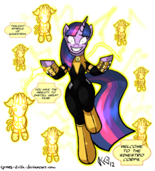 Size: 1240x1366 | Tagged: safe, artist:cynos-zilla, smarty pants, twilight sparkle, pony, unicorn, g4, bipedal, blackest night, clothes, costume, crossover, dc comics, female, floating, green lantern, simple background, sinestro corps, solo, transparent background, twilight snapple, unicorn twilight, yellow lantern