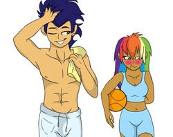 Size: 1024x811 | Tagged: safe, artist:colourstrike, rainbow dash, soarin', human, g4, armpits, belly button, blushing, clothes, crush, female, humanized, male, midriff, ship:soarindash, shipping, sports bra, straight, topless