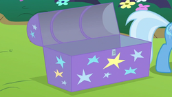 Size: 1366x768 | Tagged: safe, screencap, trixie, pony, g4, no second prances, box, chest, cropped, female, mare, meadow