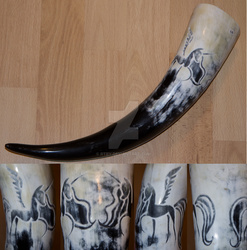 Size: 1280x1296 | Tagged: safe, artist:rtryart, princess celestia, princess luna, g4, craft, drinking horn, engraving, irl, photo, scrimshaw, watermark