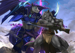 Size: 1300x919 | Tagged: safe, artist:link2004, oc, oc only, oc:au hasard, bat pony, wolf, anthro, unguligrade anthro, abs, anthro oc, armor, claws, fight, furry, gun, h&k g3, helmet, male, muscles, night guard, rifle, royal guard, solo, stallion, unconvincing armor, weapon