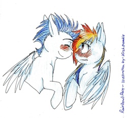 Size: 1024x951 | Tagged: safe, artist:sanddragon189, rainbow dash, soarin', pony, g4, blushing, female, male, ship:soarindash, shipping, sketch, straight, traditional art