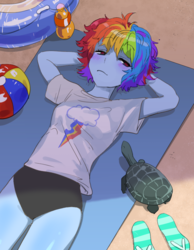 Size: 700x900 | Tagged: safe, artist:quizia, rainbow dash, tank, human, tortoise, g4, beach, beach ball, blushing, bottle, breasts, chillaxing, clothes, cute, female, floaty, humanized, inner tube, juice, looking at you, on back, one-piece swimsuit, pony coloring, relaxing, sand, sandals, shade, solo, summer vacation, swimsuit