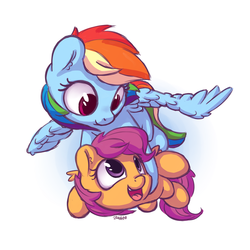 Size: 1200x1200 | Tagged: safe, artist:bobdude0, rainbow dash, scootaloo, pegasus, pony, g4, cute, cutealoo, dashabetes, duo, female, filly, flying, happy, heartwarming, mare, open mouth, scootalove, simple background, smiling, sweet dreams fuel, white background