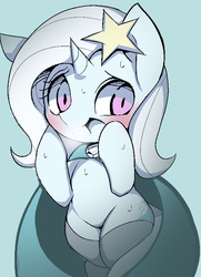 Size: 591x816 | Tagged: safe, artist:ccc, trixie, pony, unicorn, g4, blushing, cape, chibi, clothes, cute, diatrixes, female, looking at you, mare, solo, sweat
