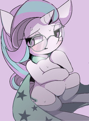 Size: 599x816 | Tagged: safe, artist:ccc, starlight glimmer, trixie, pony, unicorn, g4, bedroom eyes, blushing, cape, chibi, clothes, cute, female, glasses, glimmerbetes, hat, implied shipping, implied startrix, lesbian, looking at you, mare, ship:startrix, shipping, solo, sweat, trixie's hat, wizard hat