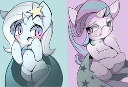 Size: 1199x816 | Tagged: safe, artist:ccc, starlight glimmer, trixie, pony, unicorn, g4, blushing, cape, chibi, clothes, cute, diatrixes, female, glasses, glimmerbetes, hat, lesbian, mare, ship:startrix, shipping, sweat, trixie's hat, wizard hat