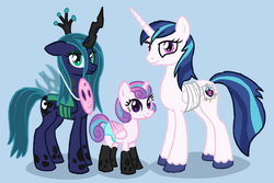 Size: 2175x1453 | Tagged: safe, artist:arrkhal, princess cadance, princess celestia, princess flurry heart, princess luna, queen chrysalis, shining armor, twilight sparkle, alicorn, pony, g4, alternate hairstyle, baby, clothes, costume, diaper, mane swap, mask, nightmare night, nightmare night costume, spy mask, twilight sparkle (alicorn)