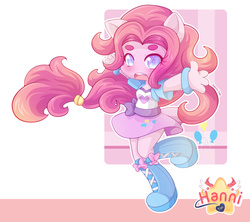 Size: 3096x2755 | Tagged: safe, artist:hanni-tan, pinkie pie, human, equestria girls, g4, beanbrows, blushing, boots, bracelet, chibi, clothes, cute, diapinkes, eyebrows, female, high res, open mouth, ponied up, raised leg, skirt, solo