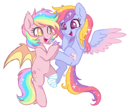 Size: 2650x2300 | Tagged: safe, artist:hawthornss, oc, oc only, oc:glittering cloud, oc:paper stars, bat pony, pegasus, pony, amputee, blushing, cute little fangs, fangs, female, flying, glitterstars, high res, open mouth, simple background, smiling, sparkles, spread wings, starry eyes, transparent background, wingding eyes, wings