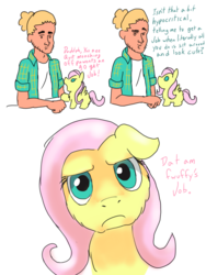 Size: 1536x2048 | Tagged: safe, artist:fluffsplosion, fluttershy, zephyr breeze, fluffy pony, human, flutter brutter, g4, cute, floppy ears, fluffyshy, fluttershy is not amused, frown, glare, humanized, neet, open mouth, unamused