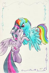 Size: 1024x1536 | Tagged: safe, artist:kittyhawk-contrail, rainbow dash, twilight sparkle, alicorn, pony, g4, female, lesbian, ship:twidash, shipping, twilight sparkle (alicorn)