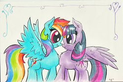 Size: 1024x683 | Tagged: safe, artist:kittyhawk-contrail, rainbow dash, twilight sparkle, alicorn, pony, g4, female, lesbian, ship:twidash, shipping, twilight sparkle (alicorn)
